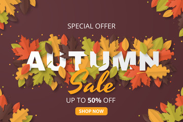 Wall Mural - autumn sale background. folded paper art. vector illustration template