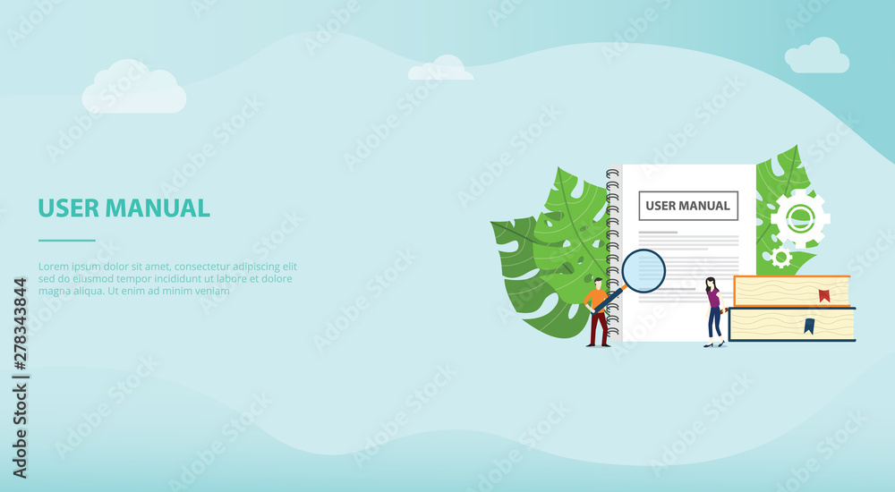 user manual concept with book manuals with team people read for website ...