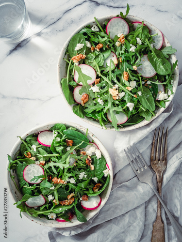Vegan Salad Bowl With Arugula Spinach Radish Coconut Crumble Or