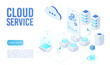 Cloud service soft light landing page isometric vector template. Programmer synchronizing personal information. Database neon storage, data encryption and protection. Cloud computing website homepage