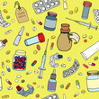 Drugs and medical products seamless pattern: pills, jar with medicines, syringe, tube of ointment - vector illustration