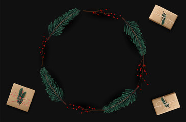 Wall Mural - christmas wreath made of naturalistic looking pine branches decorated. vector illustration