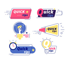 Wall Mural - Quick tip. Tricks quick tips solution logos helpful advice text shapes isolated vector labels. Illustration of quick info, suggestion and reminde tips