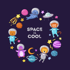 Wall Mural - space animals background. cute baby animal astronauts flying kid pets cosmonauts cartoon funny space