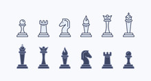 Set Of Linear Icons On A White Background, Types Of Chess Pieces