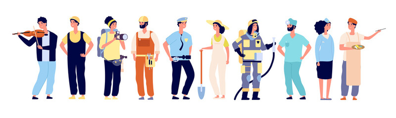 Canvas Print - Different professionals. Policeman and fireman, doctor and stewardess, artist and musician, builder. Workers vector characters. Illustration of character fireman and doctor, builder and photographer