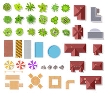 Top View Garden Elements. Aerial Houses, Green Trees And Bushes, Pool And Benches For Landscape Architectural Plan Vector Items Isolated Set