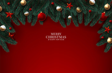 Wall Mural - Christmas tree branches on wooden background, vector illustration