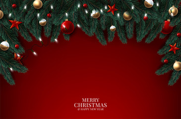 Wall Mural - christmas tree branches on wooden background, vector illustration