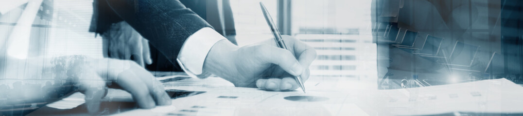 Business man signing a contract. Website header banner progect panorama.