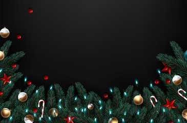 Wall Mural - christmas tree branches on wooden background, vector illustration