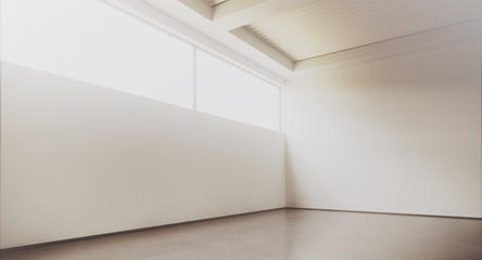 Wall Mural - Empty loft style office building corridor with white concrete walls and floor. Concept of interior design and architecture. 3d rendering.