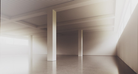 Wall Mural - Empty loft style office building corridor with white concrete walls and floor. Concept of interior design and architecture. 3d rendering.