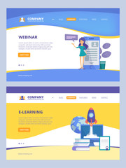Wall Mural - online education. landing trainings webinars e-learning distance courses books vector web page desig