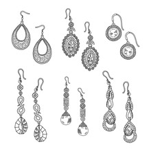Hand Drawn Earrings Set - Vector Jewelry Isolated On White Background. Earrings With Jewelry Diamond, Accessory Fashion Drawing Illustration