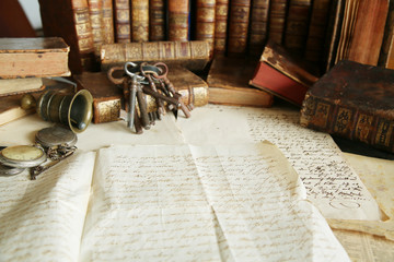 Wall Mural - antique desk; workspace with old books and handwriting