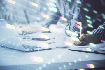 businessman with computer background with technology theme hologram. concept of hightech. multi expo