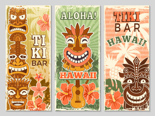 Wall Mural - Hawaii retro banners. Aloha tourism summer adventure dancing party in tiki bar tribal masks vector illustration. Aloha hawaii, tribal tiki bar, exotic hawaiian adventure