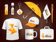 Identity. Business corporate souvenir promotion stationery items uniform badges packages pen lighter cap vector realistic mockup. Illustration of cup and t-shirt, mug and pencil, accessory items