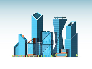 Poster - Business cityscape landscape. Urban background with office corporate buildings glass tower vector background. District downtown with tower glass building illustration