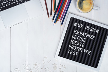 Wall Mural - creative flat lay photo of ux designer working desk and ux design process text on black felt board. 