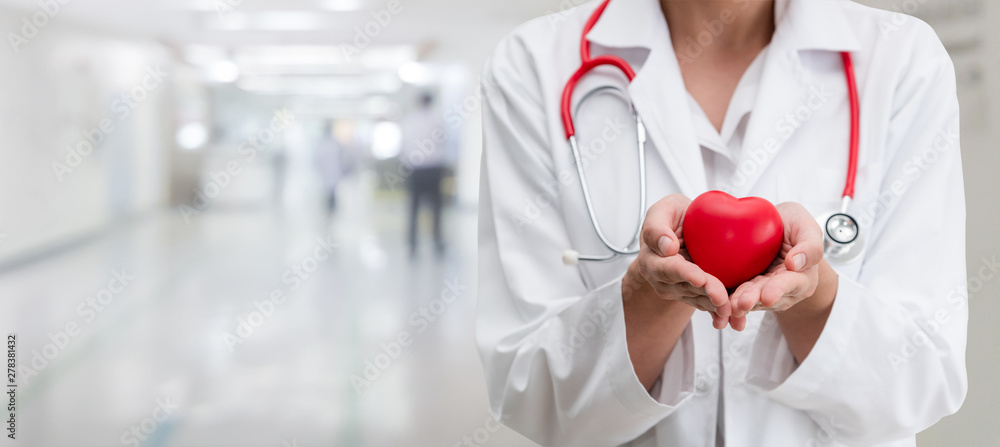 Doctor holding a red heart at hospital office. Medical health care and doctor staff service concept. - obrazy, fototapety, plakaty 