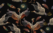 Embroidery Crane Birds And Feathers Seamless Pattern. Template For Clothes, Textiles, T-shirt Design. Classical Embroidery, Japanese Cranes Art