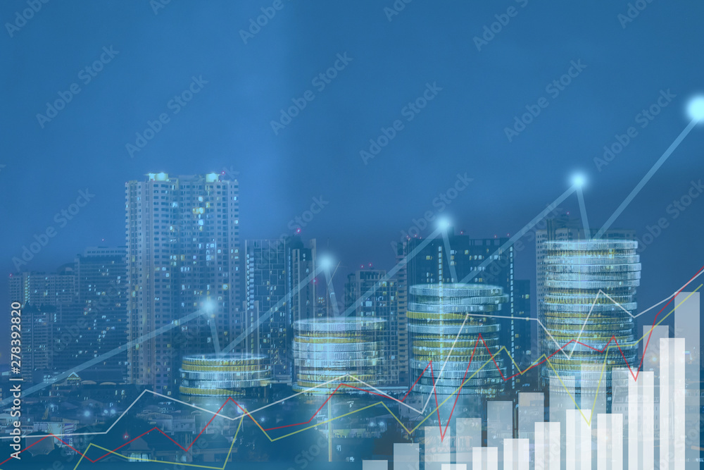Financial investment concept, Double exposure of city night and stack of coins for finance investor, Forex trading candlestick chart economic , ECN Digital economy - obrazy, fototapety, plakaty 