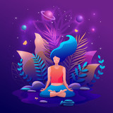 Fototapeta Pokój dzieciecy - Woman sitting in lotus position practicing meditation. Yoga girl vector illustration.