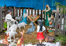 KRAKOW, POLAND - DECEMBER 25, 2018: Traditional Christmas Decorations, Nativity Scene With Old Wooden Figurines