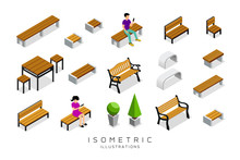 Vector Isometric Wooden Bench Collection With Man And Woman Background, Illustration