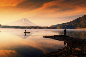 Wall Mural - Fishing at shoji lake with mt. Fuji