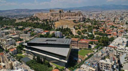 Aerial photo taken by drone of iconic new modern landmark Acropolis museum, Athens historic centre, Attica, Greece