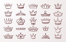 Hand Drawn Crown Set. Sketch Queen Or King Beauty Doodle Crowns. Vector Image Vintage Ink Jewel Tiara Isolated Icons