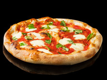 Pizza Margherita On Black Background. Pizza Margarita With Tomatoes, Basil And Mozzarella Cheese