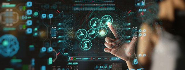 Leinwandbilder - Engineer hand check and control welding robotics automatic arms icon with machine in intelligent factory automotive industrial with UI monitoring system software.