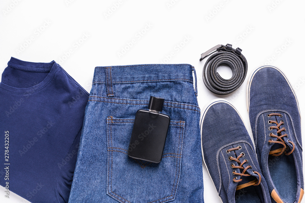 Stylish male look with jeans clothes on white background