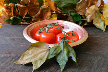 vine tomatoes in copper bowl with leaves on barn board table