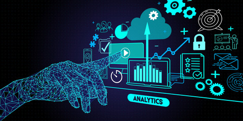 Poster - Low polygon hand touching Business data analytics process management with KPI financial charts and graph and automated marketing dashboard.