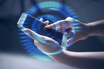 security system hacker, data deep learning, hologram on technology smartphone with futuristic for business online social network concept