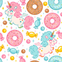 Vector seamless pattern with cute unicorn