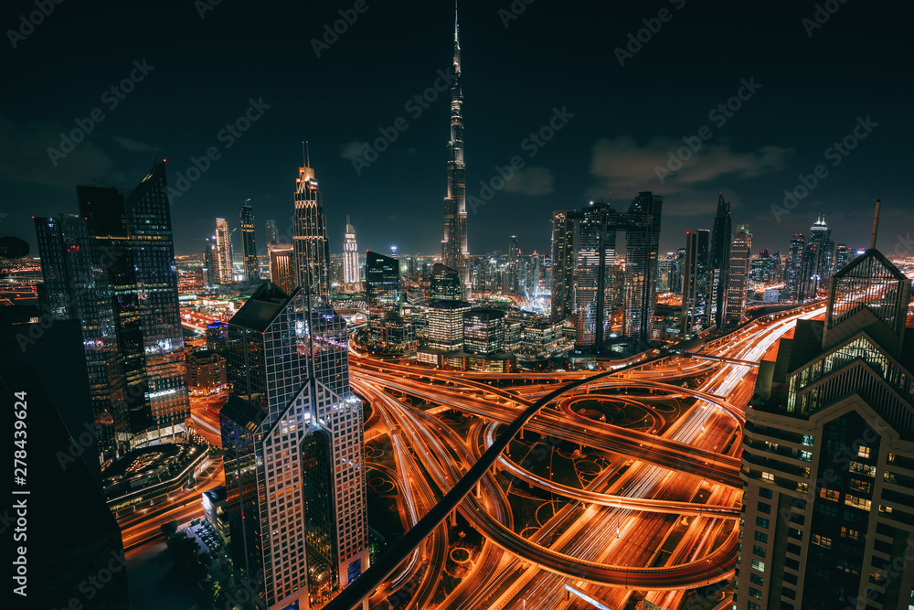 Dubai skyline at night Stock Photo | Adobe Stock