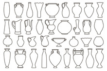 Outline Vases And Amphora Collection, Vector Linear. Vase Pottery, Ancient Pot Greek Illustration