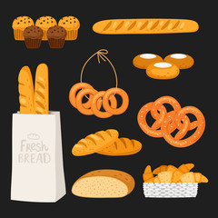 Sticker - Fresh bread and pastry isolated onblack background. Vector bakery shop elements. Bread food, fresh bakery, cake and croissant