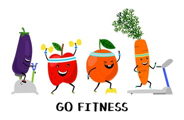 Wall Mural - Go fitness vector concept. Happy sport fruit and vegetables. Healthy lifestyle illustration. Fruit characters, carrot and apple workout