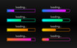 Loading bar set on dark backdrop. Progress visualization. Color gradient lines. Loading status collection. Web design elements on black background. Vector illustration