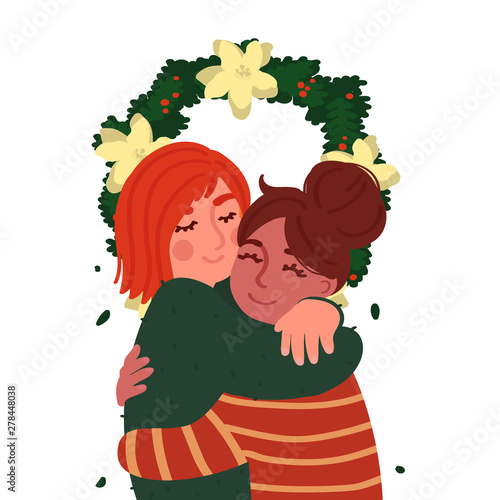 A Pair Of Young Girls Hugging Under The Christmas Wreath Cartoon Characters Isolated On White Background Vector Illustration In The Style Of Flat Buy This Stock Vector And Explore Similar Vectors