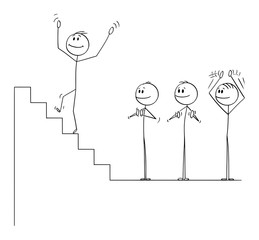 Canvas Print - Vector cartoon stick figure drawing conceptual illustration of businessman climbing up the stairs to fall down to abyss, while business team is applauding and clapping.