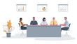 © irynaalex - Office workers during the meeting. Employees are sitting at the table in the office. There is also a flower, and diagrams on the wall in the image. Conference hall. Funky flat style. Vector
