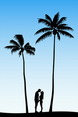 Sticker - lovers on sand under palm trees. vector illustration with silhouette of couple on beach. family summ